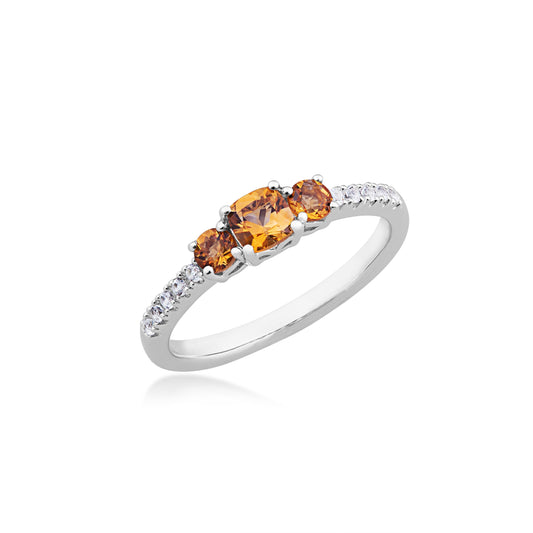 Genuine Cushion Cut Citrine 3-Stone Stack Ring with White Sapphire Band in Sterling Silver front view