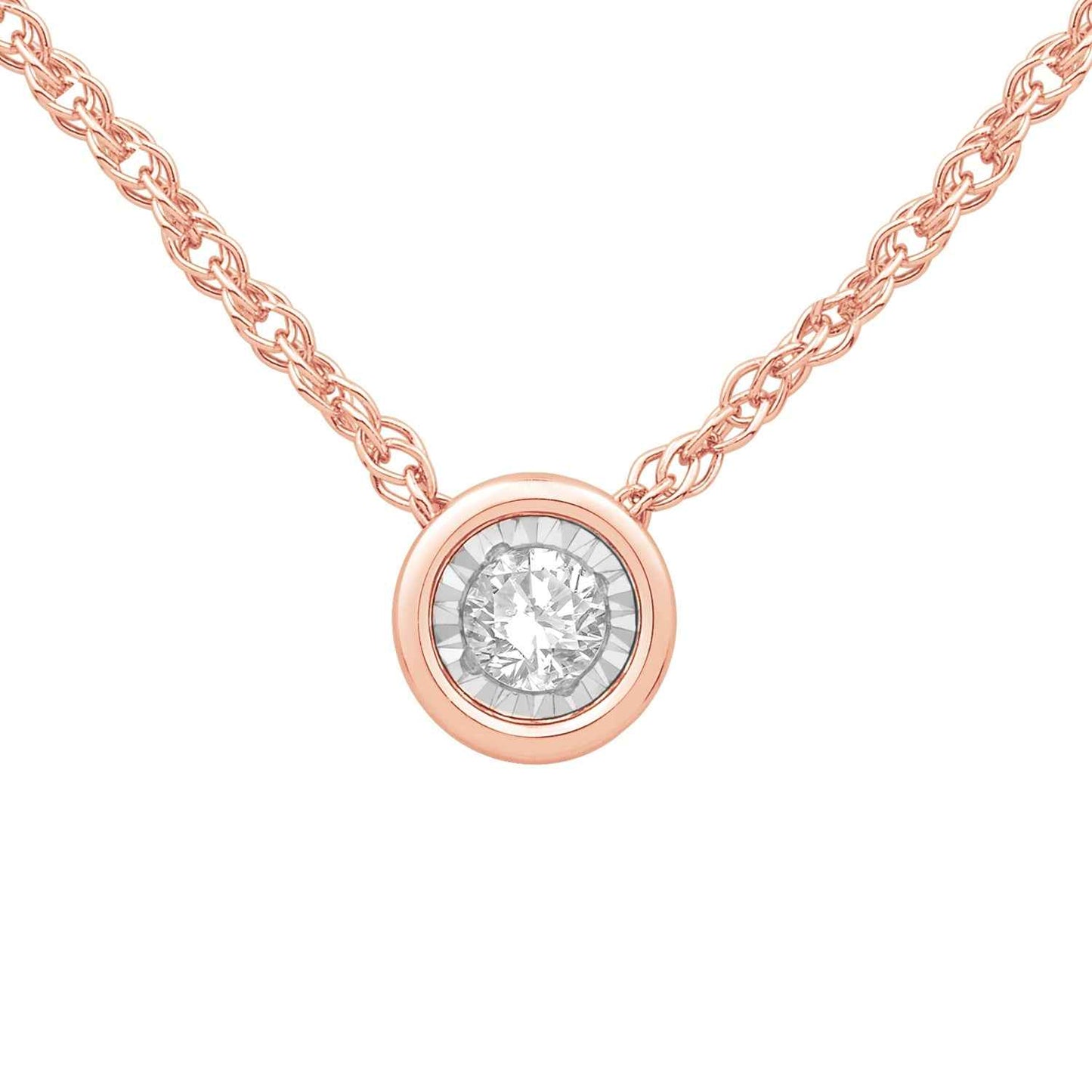 1/10 ct. tw. Round Bezel Set Diamond Pendant with Miracle Plating in 10K Pink Gold