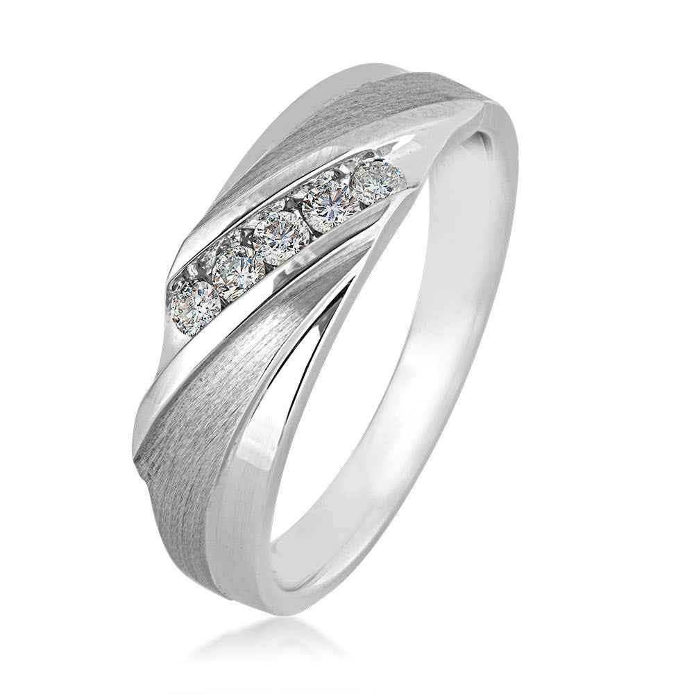 Men's 1/4 ct. tw. Round Brilliant 5-Stone Diamond Wedding Band with Wire Brush Detailing in 10K White Gold