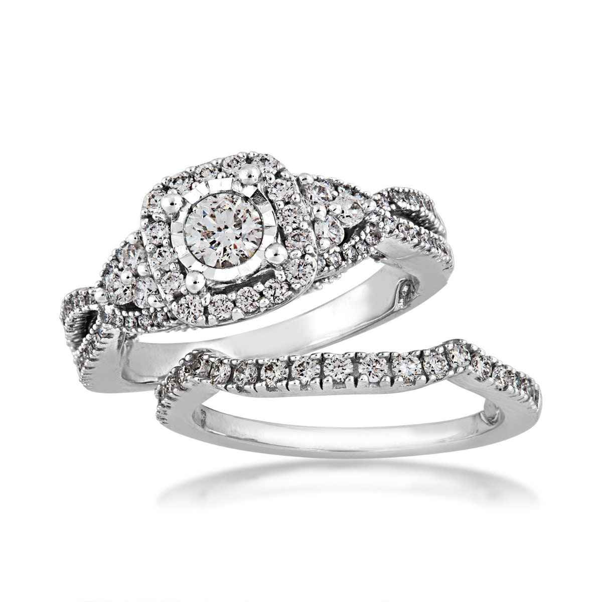 Amaura Collection 1/3 ct. Round Brilliant Halo Wedding Set with 9/10 ct. Diamond Band in 10K White Gold close-up detail