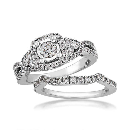 Amaura Collection 1/3 ct. Round Brilliant Halo Wedding Set with 9/10 ct. Diamond Band in 10K White Gold close-up detail