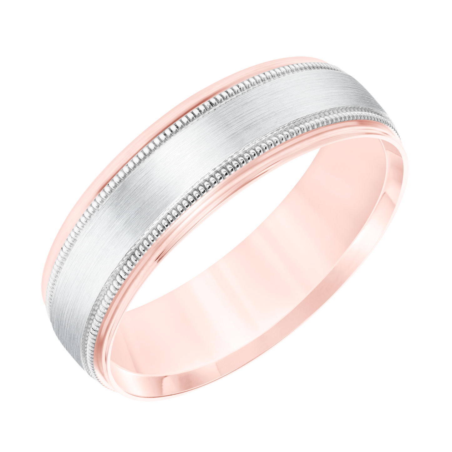 6.5MM Men's Wedding Band with Inner Brushed Design and Milgrain Border in 14K Pink and White Gold