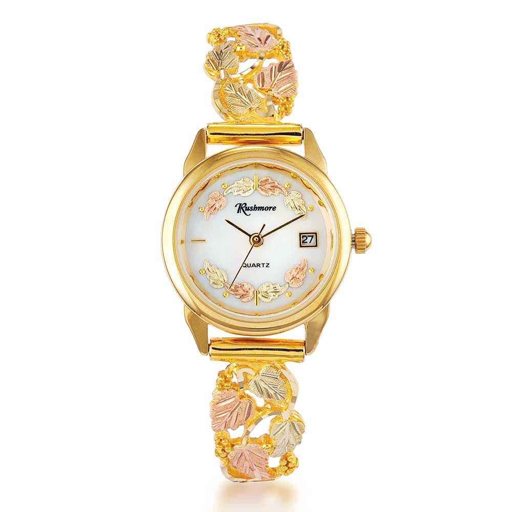 Rushmore Ladies' Black Hills Gold Watch with Leaf Accents White Dial and Black Hills Gold Band