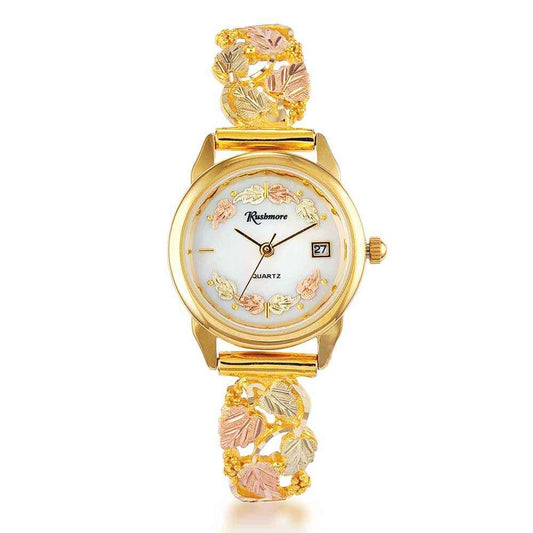 Rushmore Ladies' Black Hills Gold Watch with Leaf Accents White Dial and Black Hills Gold Band