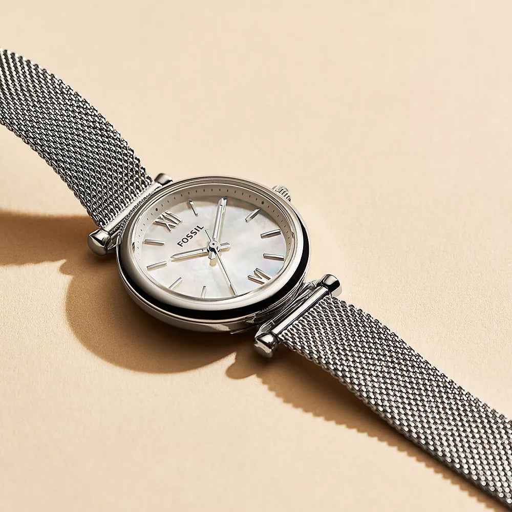 Fossil Ladies' Carlie Quartz Stainless Steel Watch with Mother of Pearl Dial & Mesh Band front view