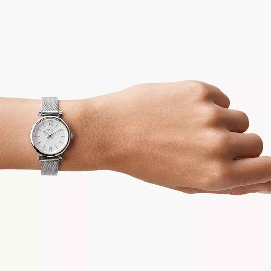 Fossil Ladies' Carlie Quartz Stainless Steel Watch with Mother of Pearl Dial & Mesh Band close-up detail