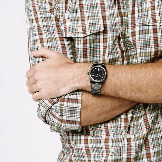 Fossil Men's Machine Quartz Gray Stainless Steel Watch with Black Dial front view