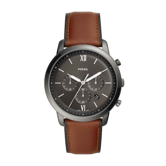 Fossil Men's Neutra Quartz Chronograph Gray Stainless Steel Watch with Gray Dial & Leather Strap
