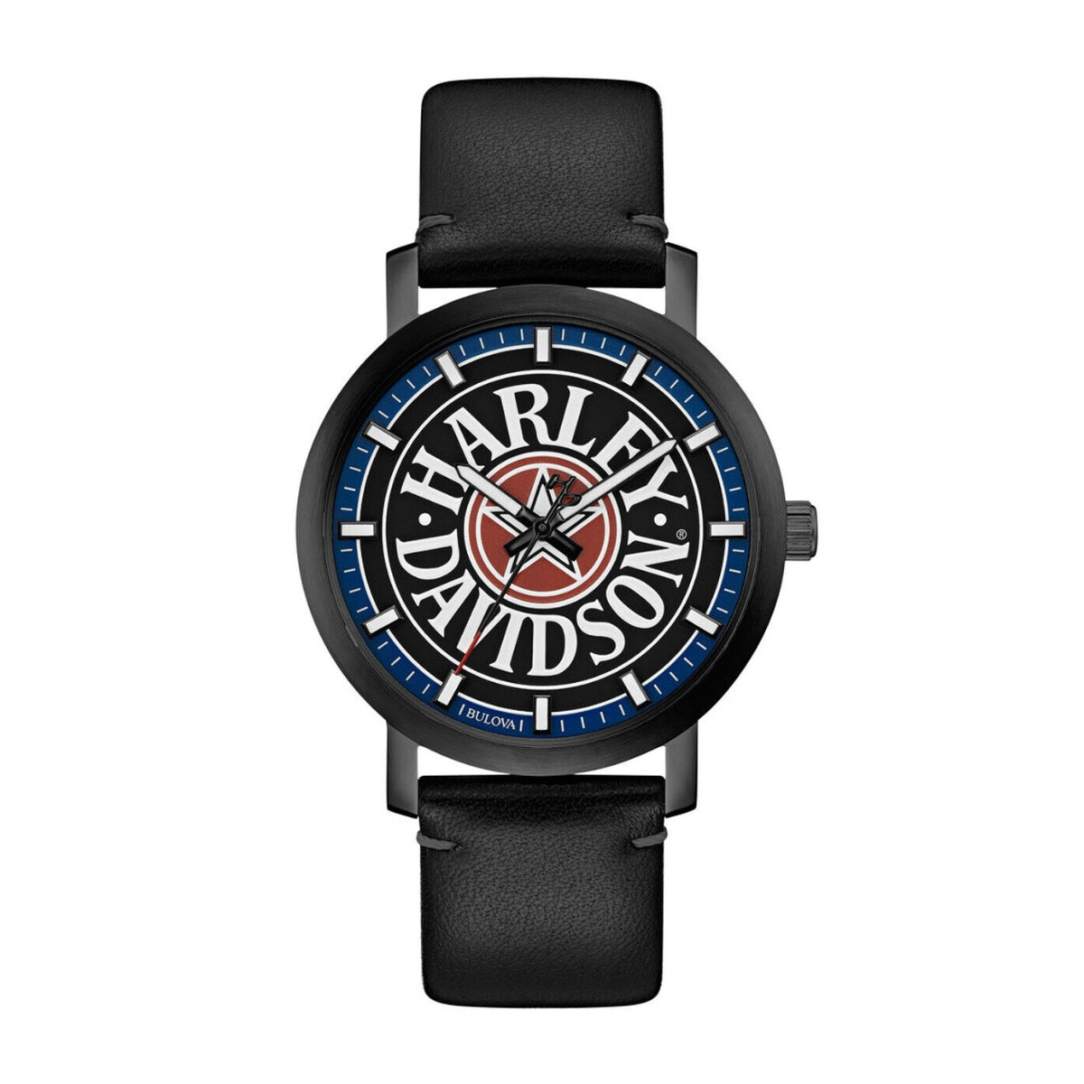 Harley Davidson Men's Iconic Fat Boy Black Stainless Steel Watch with Black Leather Strap