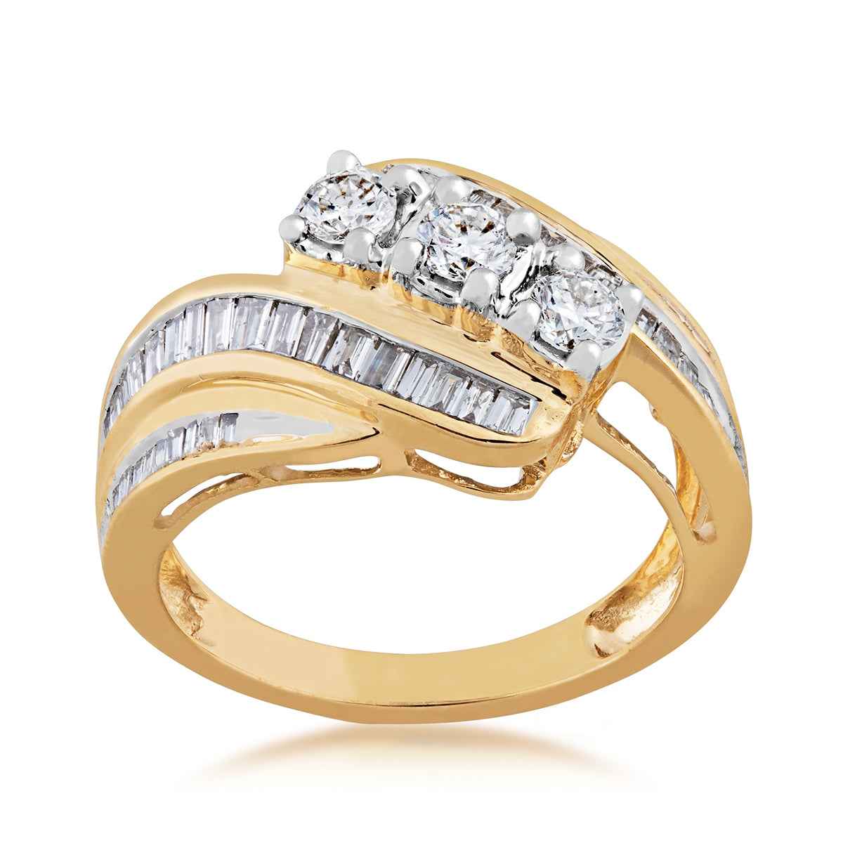 1 ct. tw. Three Stone Prong-Set Fashion Diamond Ring with Side Channel Baguette Diamonds in 10K Yellow Gold