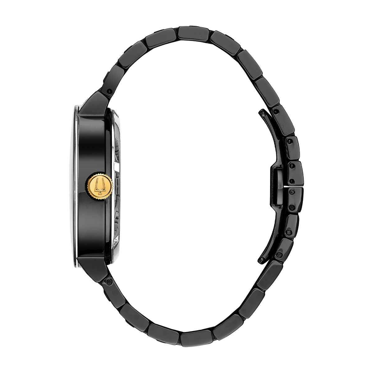 Bulova Men's Futuro Black Stainless Steel Watch with Black Open Aperture Dial front view