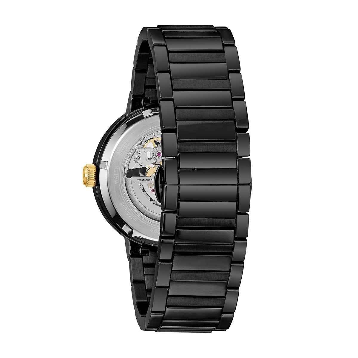 Bulova Men's Futuro Black Stainless Steel Watch with Black Open Aperture Dial close-up detail