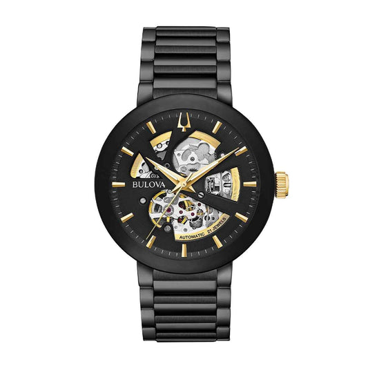 Bulova Men's Futuro Black Stainless Steel Watch with Black Open Aperture Dial