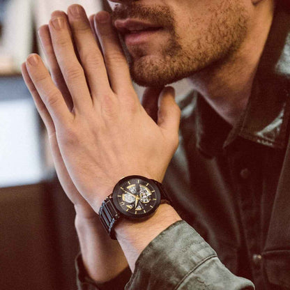 Bulova Men's Futuro Black Stainless Steel Watch with Black Open Aperture Dial side profile