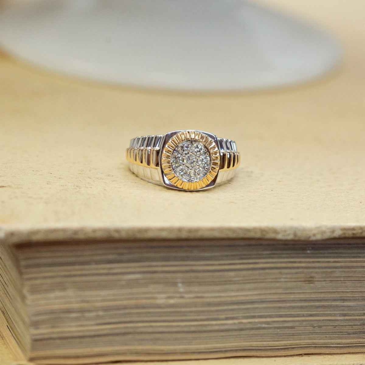 Men's 5/8 ct. tw. Round Brilliant Cluster Rolex Style Fashion Ring in 10K White & Yellow Gold close-up detail