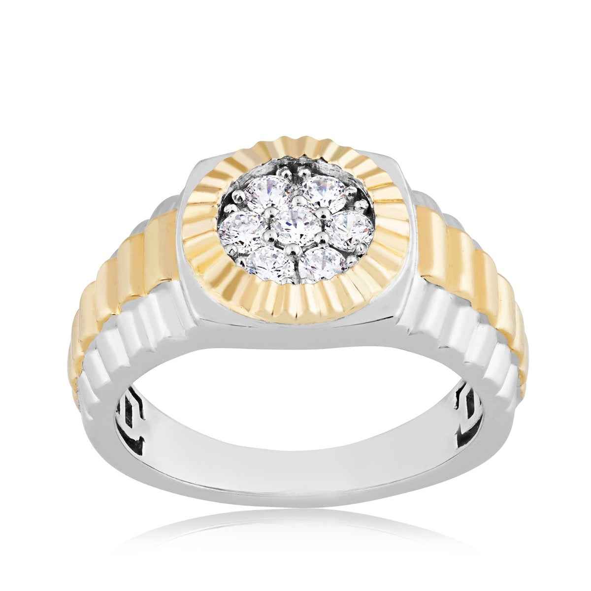 Men's 5/8 ct. tw. Round Brilliant Cluster Rolex Style Fashion Ring in 10K White & Yellow Gold