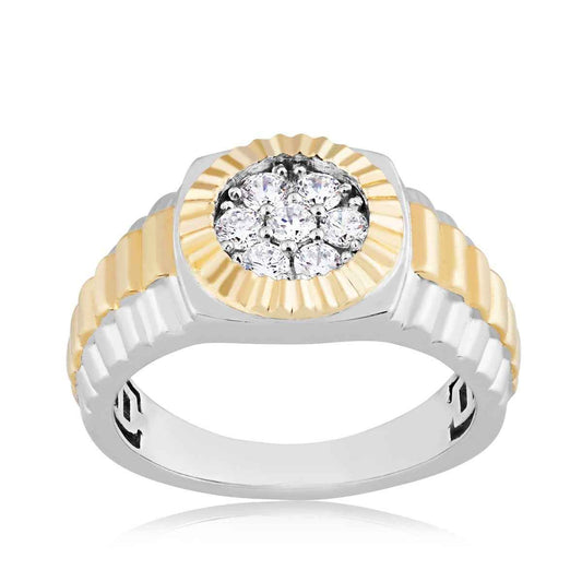 Men's 5/8 ct. tw. Round Brilliant Cluster Rolex Style Fashion Ring in 10K White & Yellow Gold