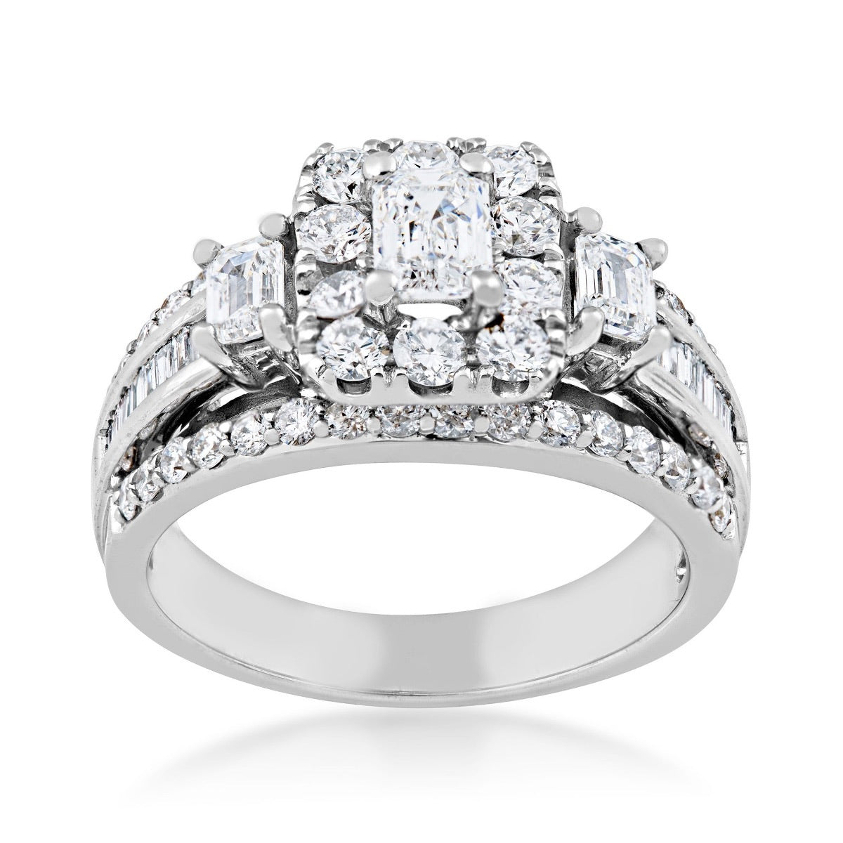 Amaura 2 ct. tw. Emerald Cut Diamond Halo Engagement Ring with Round & Straight Baguette Diamond Band in 14K White Gold