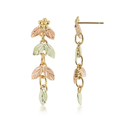 Black Hills Gold Pink & Green Leaf Tiered Dangle Earrings in 10K Yellow Gold