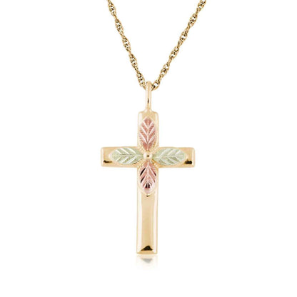 Black Hills Gold Green & Pink Leaf Cross Pendant in 10K Yellow Gold