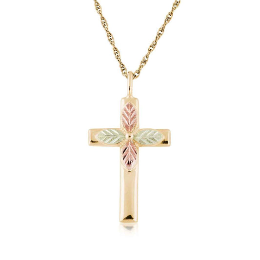 Black Hills Gold Green & Pink Leaf Cross Pendant in 10K Yellow Gold