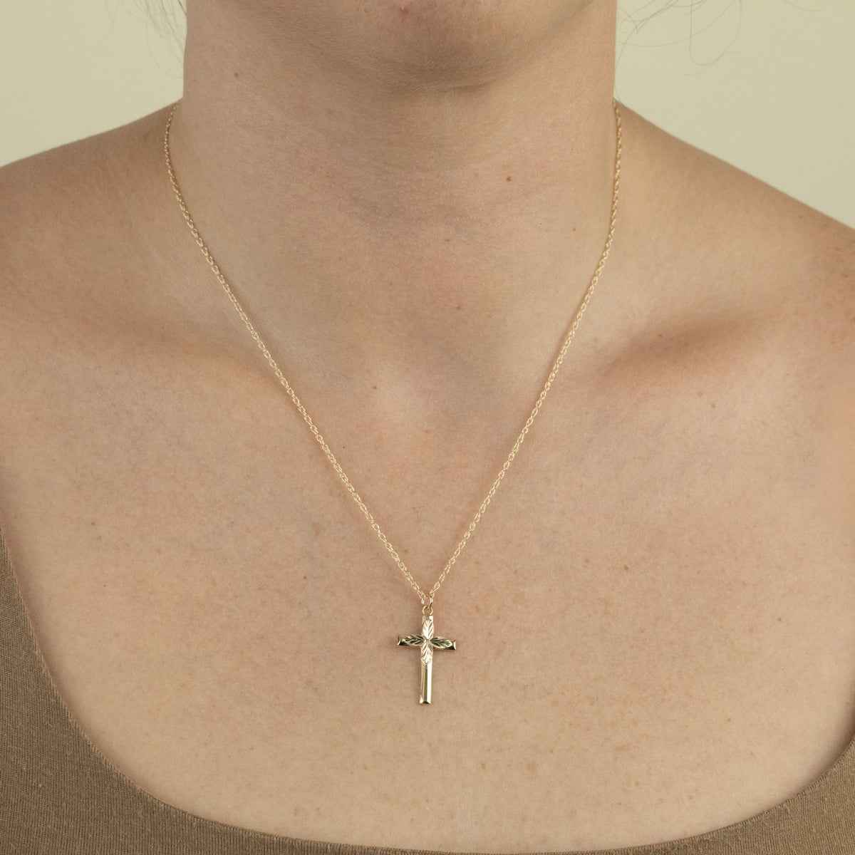 Black Hills Gold Green & Pink Leaf Cross Pendant in 10K Yellow Gold front view