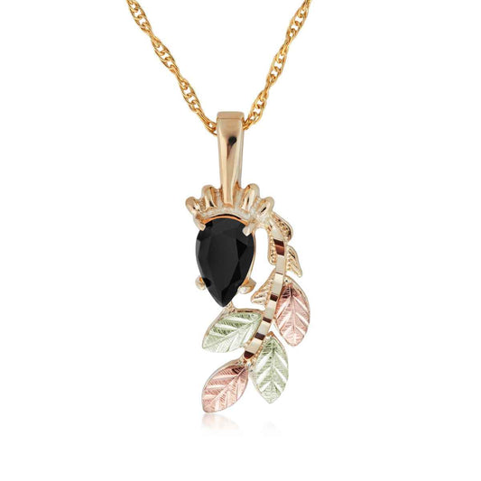 Black Hills Gold Pear Onyx Hanging Vine Pendant in 10K Yellow Gold