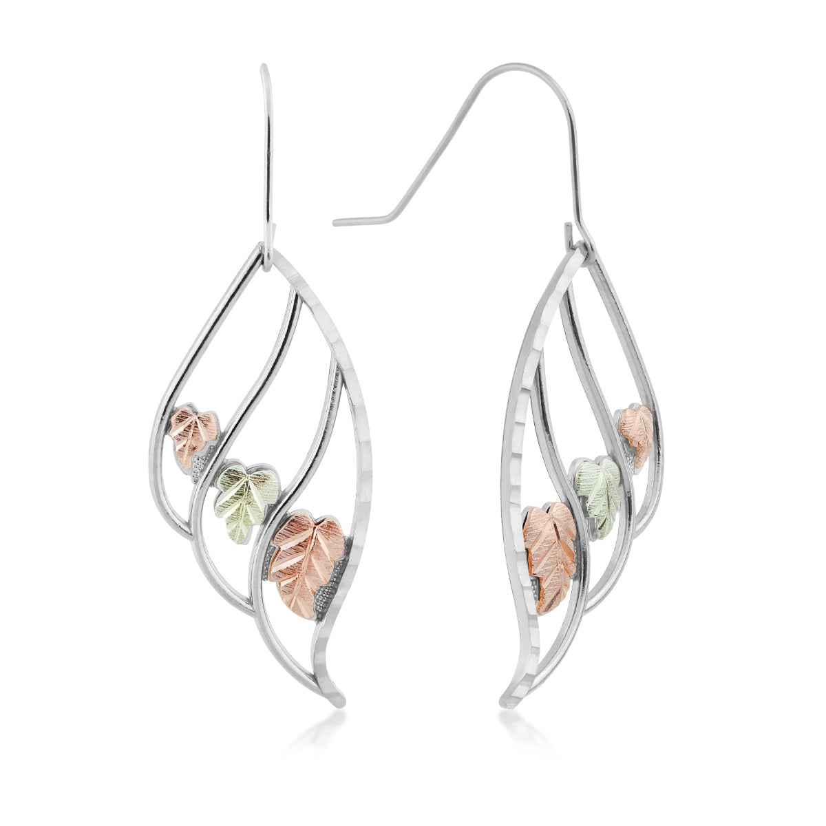Black Hills Gold Triple Teardrop Dangle Earrings with Center Leaves in Sterling Silver