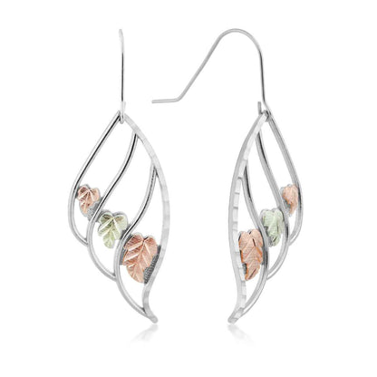 Black Hills Gold Triple Teardrop Dangle Earrings with Center Leaves in Sterling Silver