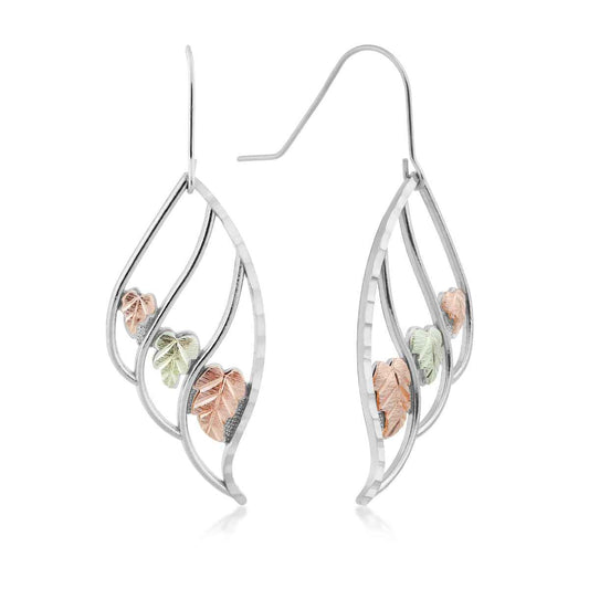 Black Hills Gold Triple Teardrop Dangle Earrings with Center Leaves in Sterling Silver