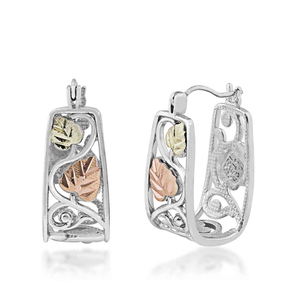 Black Hills Gold Pink & Green Leaf Open Hoop Earrings in Sterling Silver