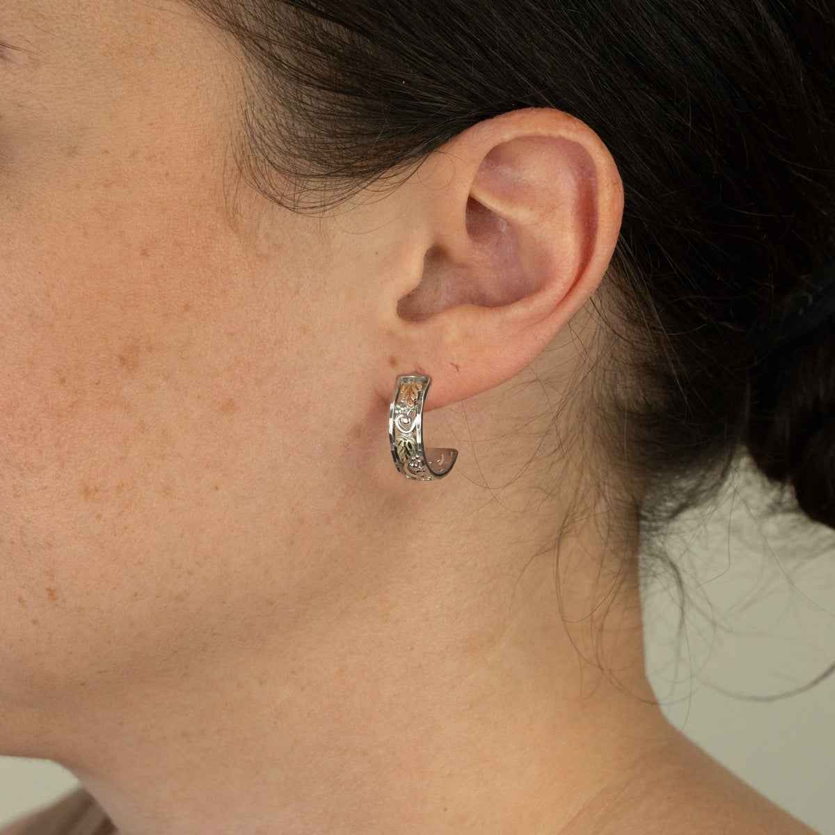 Black Hills Gold Leaf & Grapevine Half Hoop Earrings in Sterling Silver front view