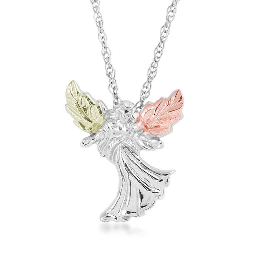 Black Hills Gold Pink & Green Leaf Winged Angel Pendant in Sterling Silver