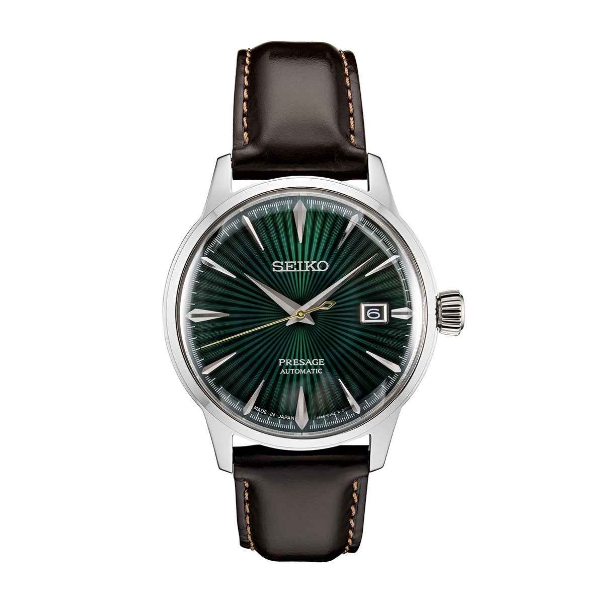 Seiko Men's Presage Automatic Stainless Steel Watch with Green Dial & Brown Leather Strap