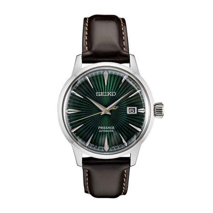 Seiko Men's Presage Automatic Stainless Steel Watch with Green Dial & Brown Leather Strap