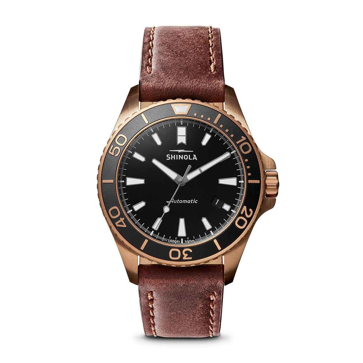 Shinola Men's Bronze Monster Automatic Bronze Tone Stainless Steel Watch with Black Dial & Brown Leather Strap
