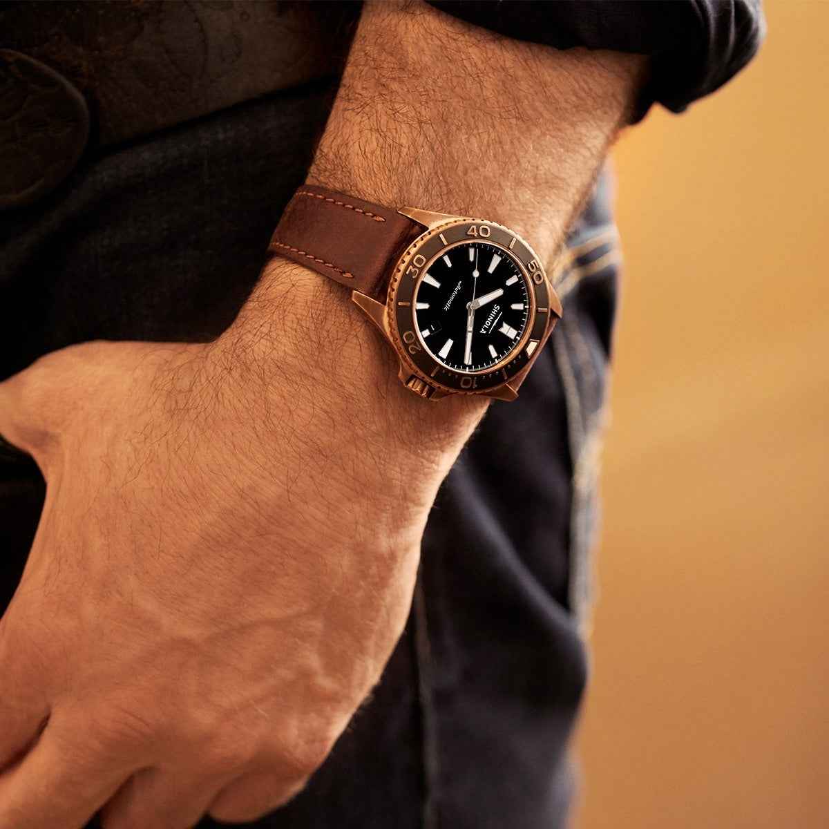 Shinola Men's Bronze Monster Automatic Bronze Tone Stainless Steel Watch with Black Dial & Brown Leather Strap
