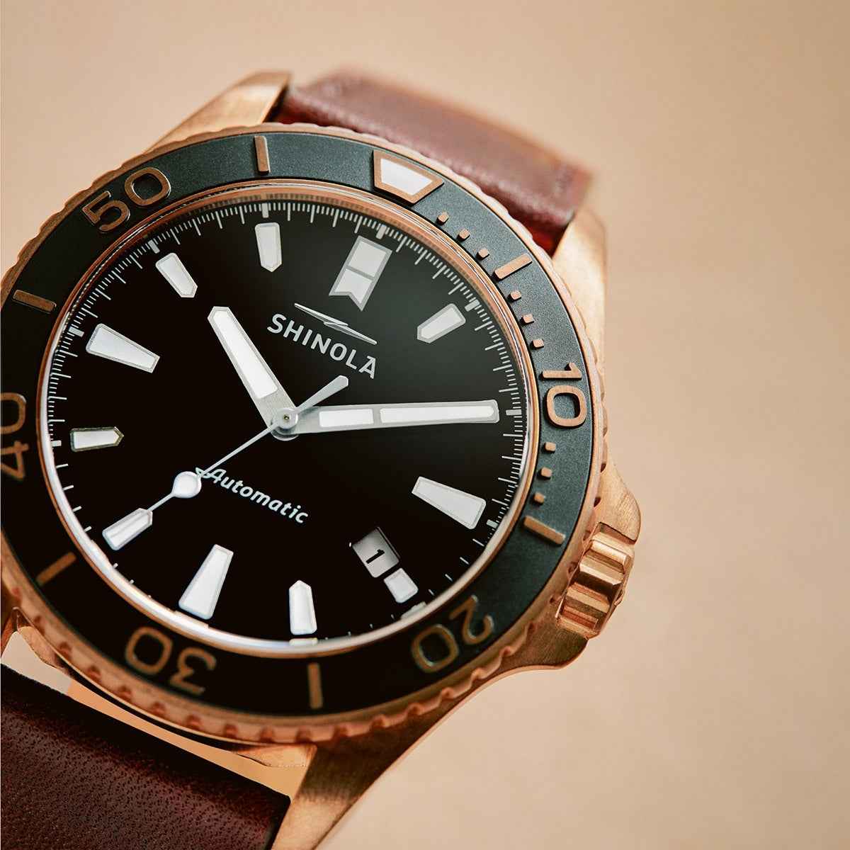 Shinola Men's Bronze Monster Automatic Bronze Tone Stainless Steel Watch with Black Dial & Brown Leather Strap