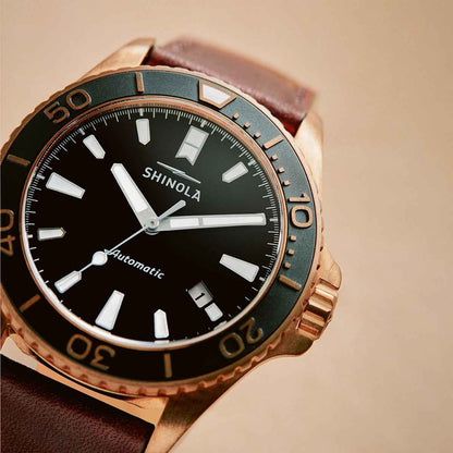Shinola Men's Bronze Monster Automatic Bronze Tone Stainless Steel Watch with Black Dial & Brown Leather Strap