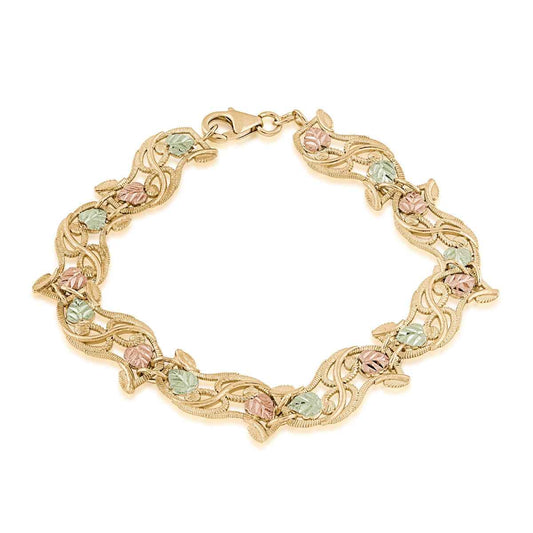 Black Hills Gold 7-inch Rope Texture & Leaf Link Bracelet in 10K Yellow Gold