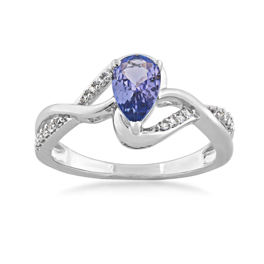 Genuine Pear-Shaped Tanzanite Fashion Ring with White Sapphire Accent in Sterling Silver
