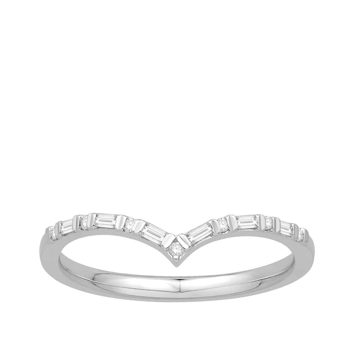 1/10 ct. tw. Round Brilliant and Baguette Diamond Contoured Anniversary Band in 10K White Gold