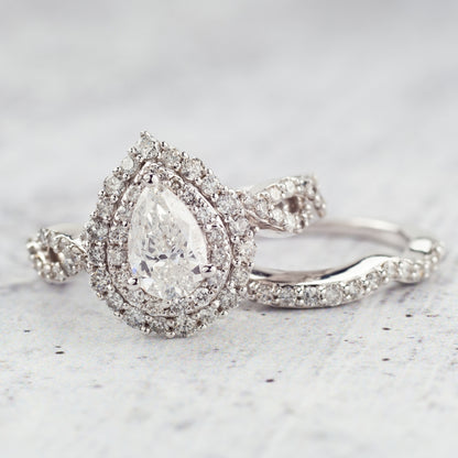 Amaura Collection 2 ct. tw. Pear-Shaped Double Halo Diamond Wedding Set with Twist Band in 14K White Gold side profile