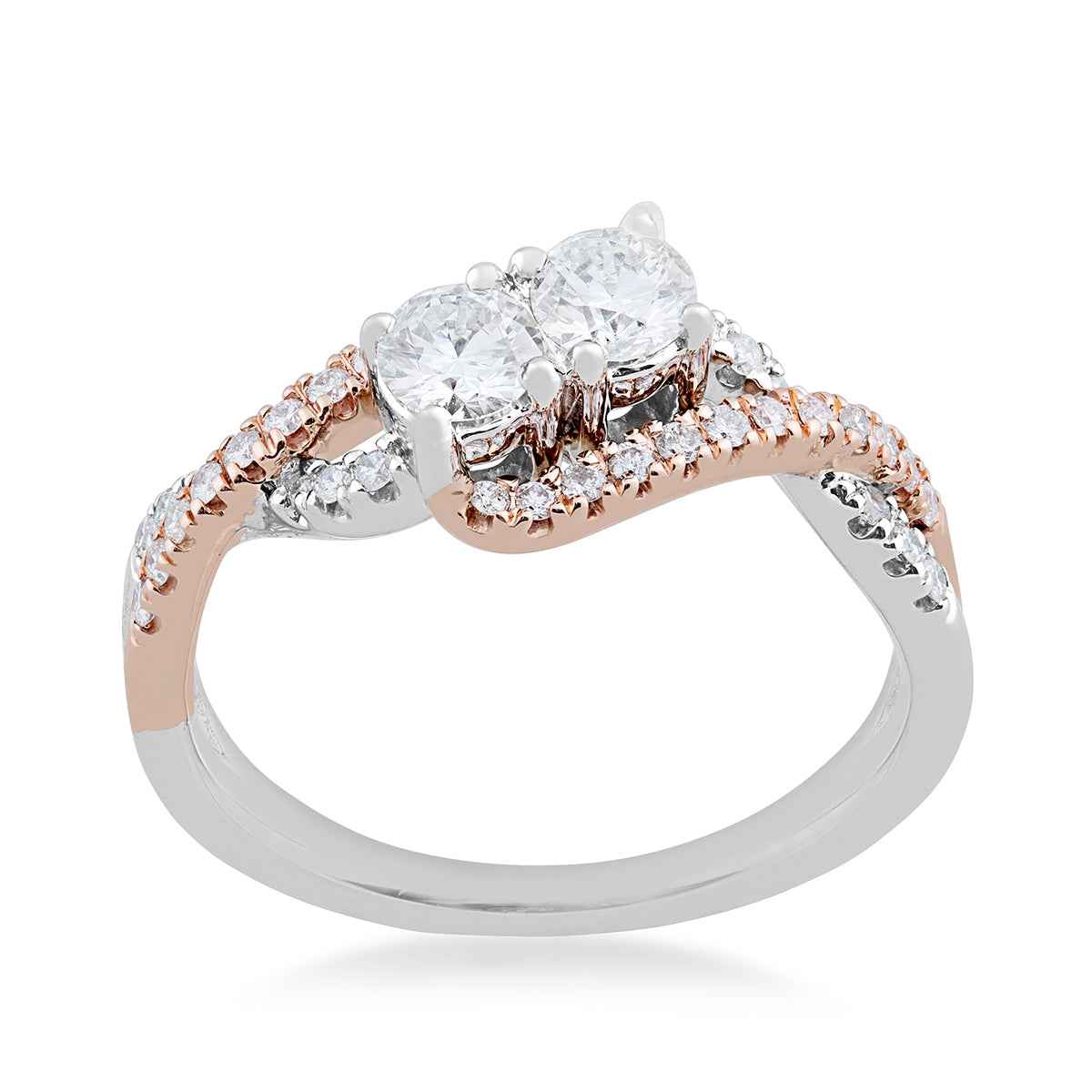 2BeLoved 3/4 ct. tw. Round Brilliant Diamond 2-Stone Anniversary Ring with CrissCross Diamond Band in 10K Pink and White Gold