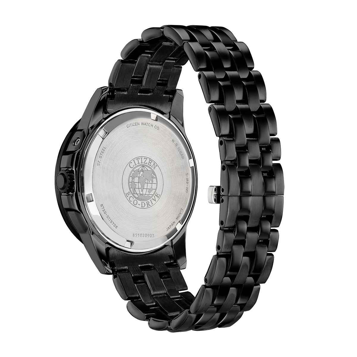 Citizen Men's Calendrier Black Ion Plated Stainless Steel Watch with Black Dial close-up detail
