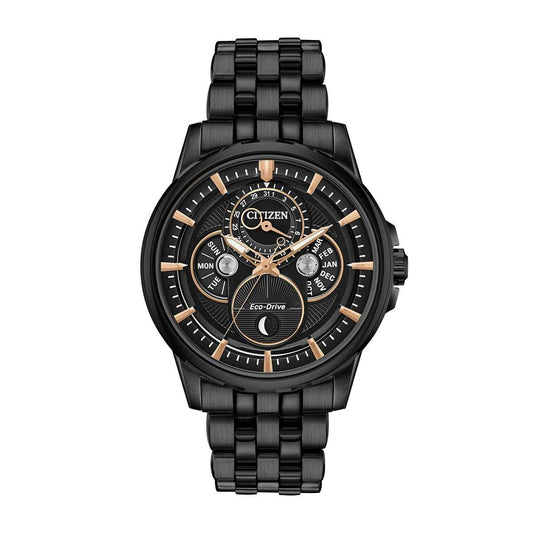 Citizen Men's Calendrier Black Ion Plated Stainless Steel Watch with Black Dial