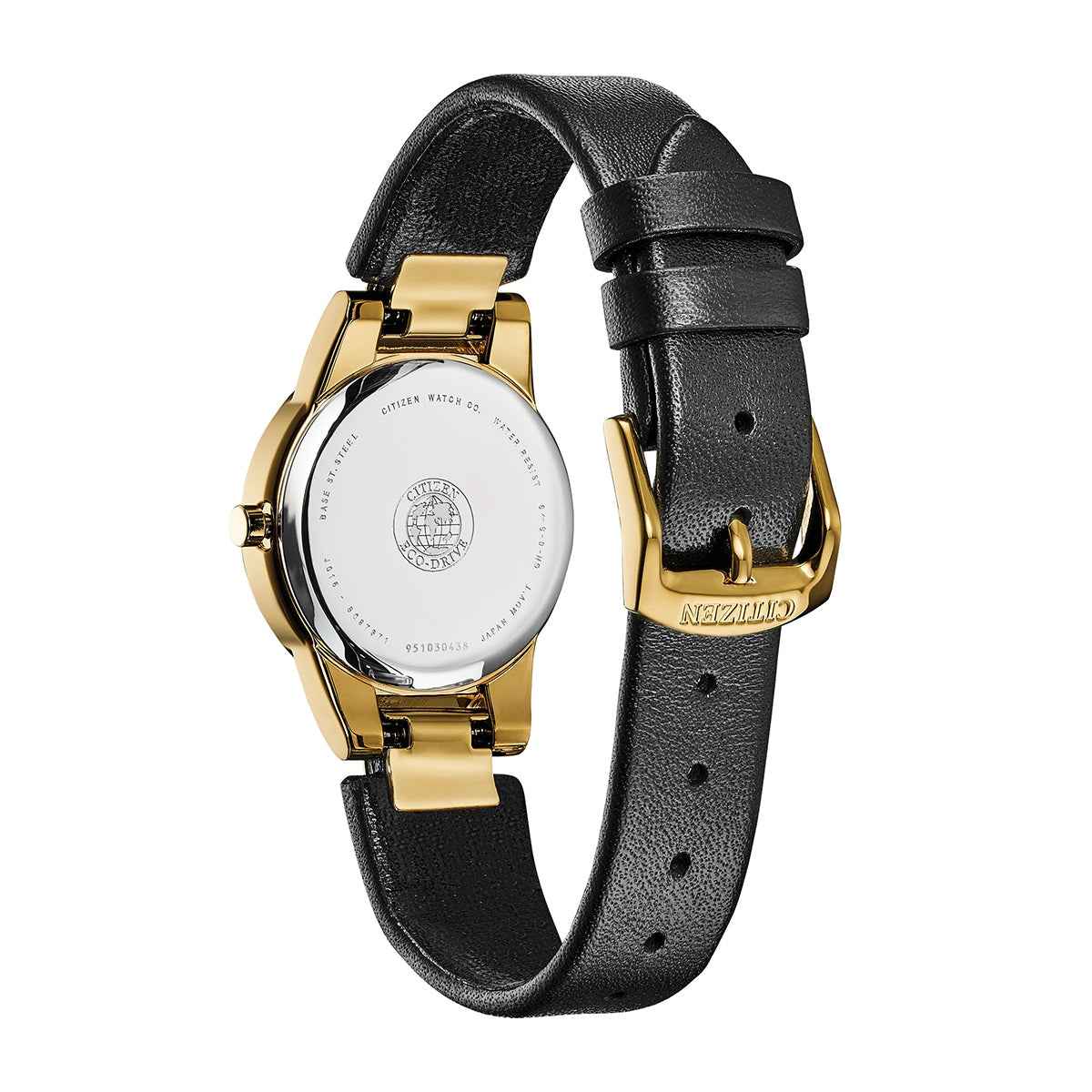 Citizen Ladies' Axiom Eco-Drive Gold-Tone Stainless Steel Watch with Black Leather Strap close-up detail