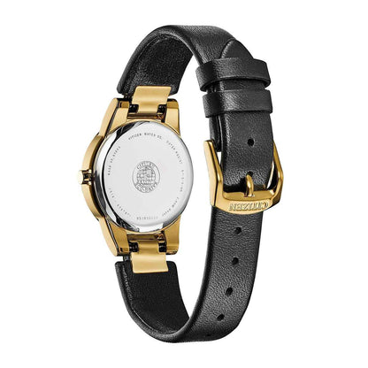 Citizen Ladies' Axiom Eco-Drive Gold-Tone Stainless Steel Watch with Black Leather Strap close-up detail