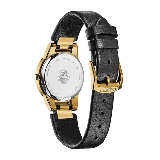 Citizen Ladies' Axiom Eco-Drive Gold-Tone Stainless Steel Watch with Black Leather Strap close-up detail