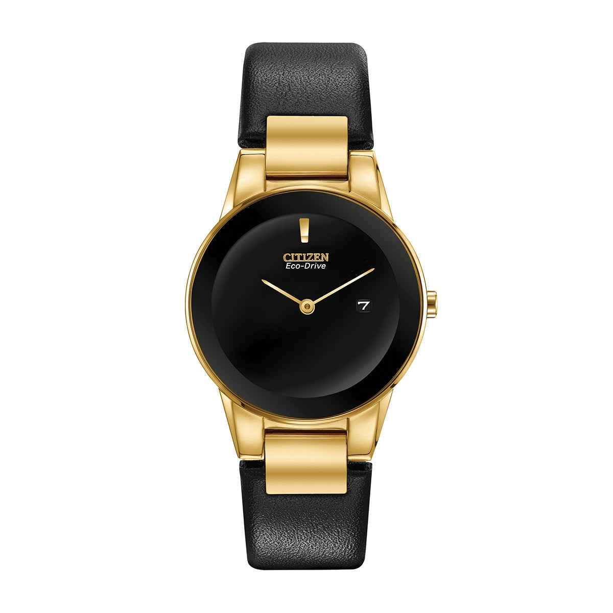 Citizen Ladies' Axiom Eco-Drive Gold-Tone Stainless Steel Watch with Black Leather Strap